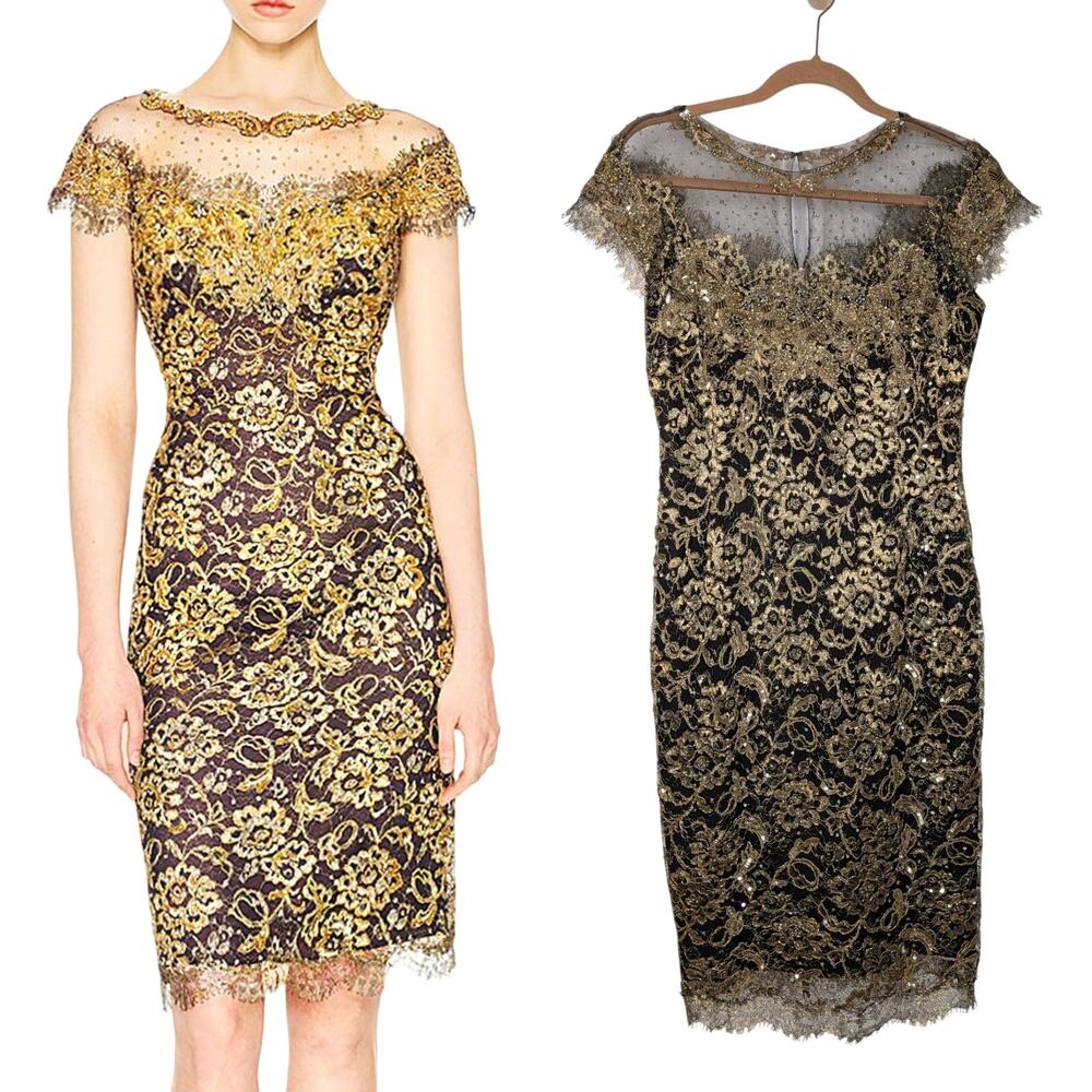Marchesa Gold Black Embellished Floral Lace Cocktail Dress Metallic Size 6